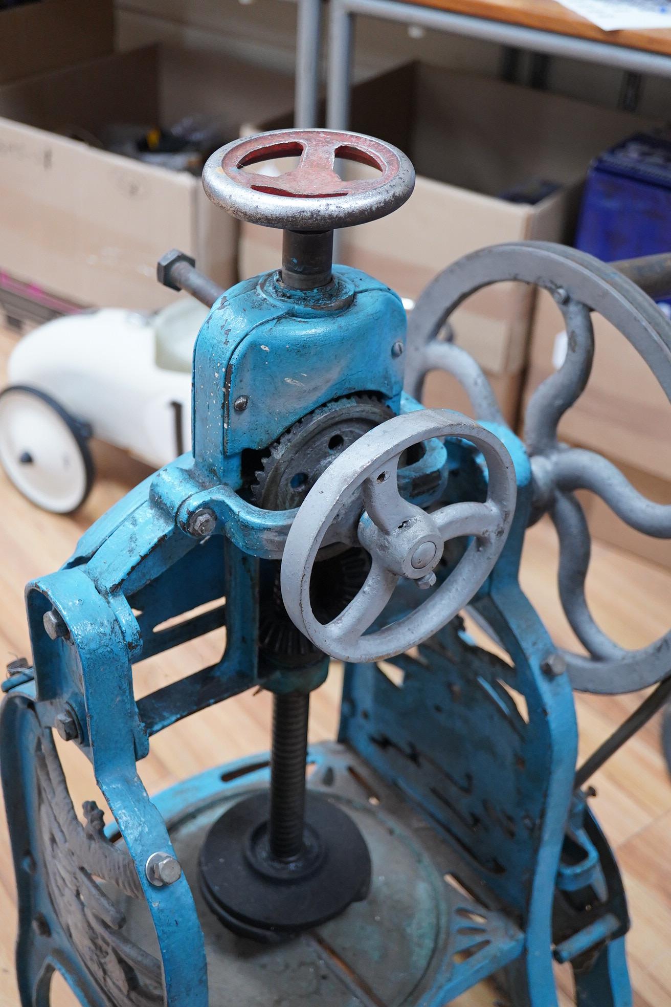 A 1960's Japanese Oshidori cast iron ice press, 90cm high